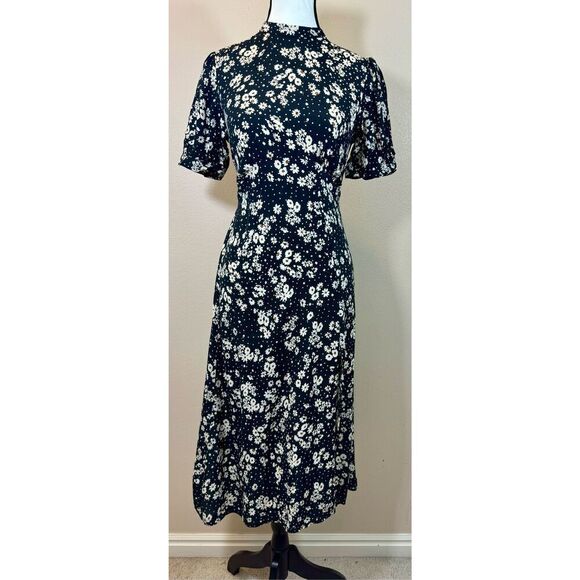 New Look Split Front Black & White Daisy Floral Midi Dress Women's Size 2 Petite - Picture 4 of 12